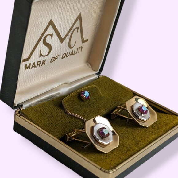 Vintage Red Glass Cufflink & Tie Pin Set - Picture 2 of 8